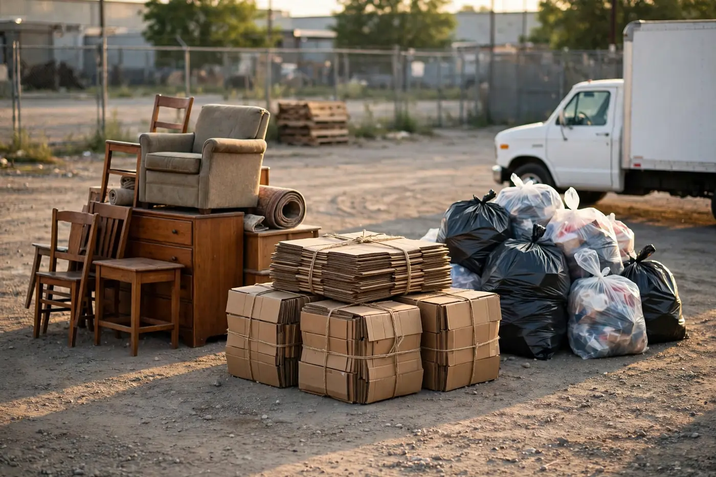 Sorted piles at the Bye Junk yard: donated furniture, bundled cardboard for recycling, and bagged items beside the truck